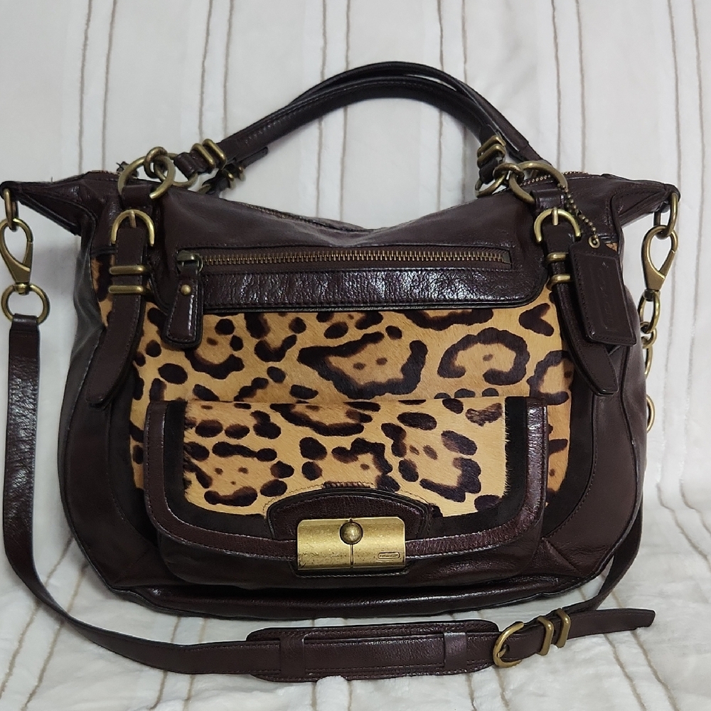 Coach Dark Brown and Tan Leopard Shoulder Bag